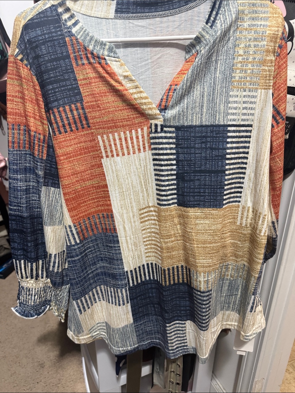 Casual Patchwork V-Neck Blouse in Navy, Rust & Cream